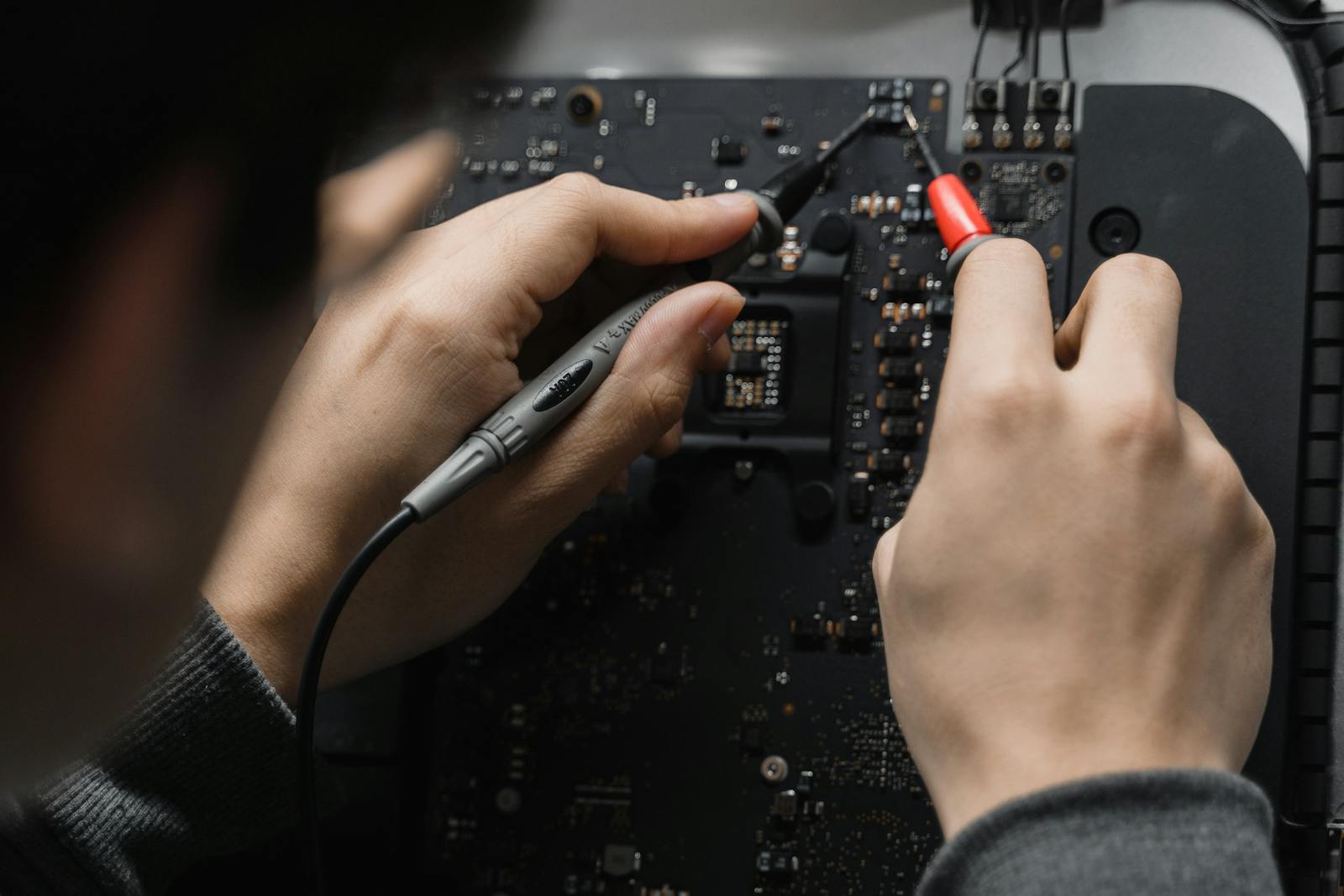 Close-up of soldering work on a circuit board